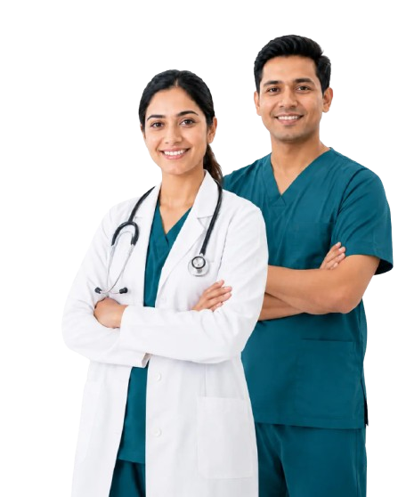 Two friendly Nepali healthcare professionals — a female doctor in a white coat and a male colleague